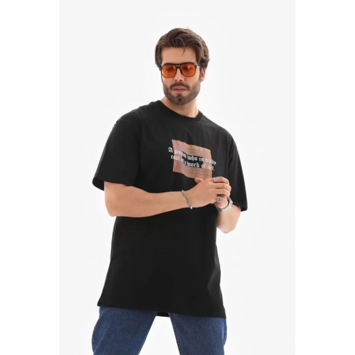 Biçomi Unisex Bisiklet Yaka Baskılı Oversize T-Shirt - Siyah