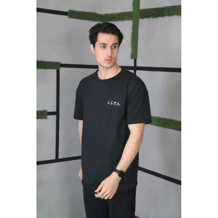 Biçomi Unisex Bisiklet Yaka Baskılı Oversize T-Shirt - Siyah
