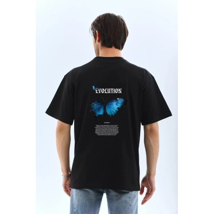 Biçomi Unisex Bisiklet Yaka Baskılı Oversize T-Shirt - Siyah