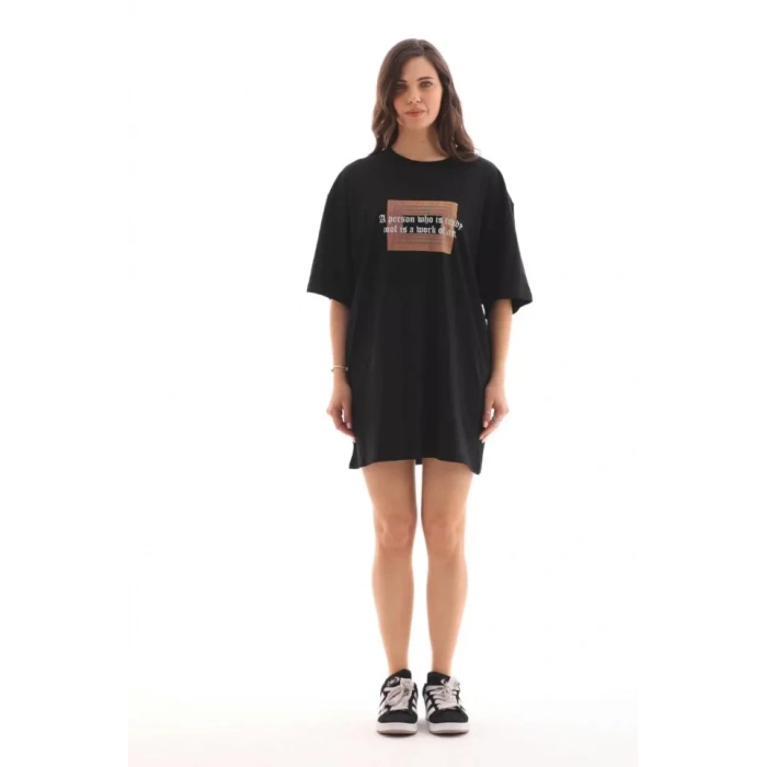 Biçomi Unisex Bisiklet Yaka Baskılı Oversize T-Shirt - Siyah