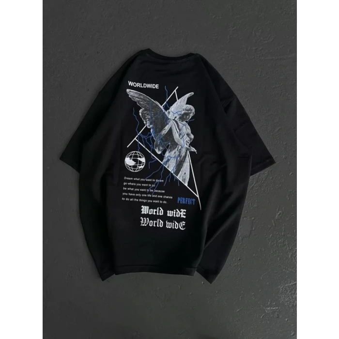 Biçomi Unisex Bisiklet Yaka Baskılı Oversize T-Shirt - Siyah