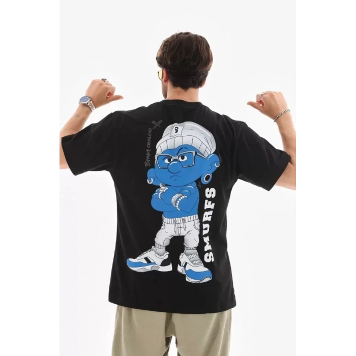 Biçomi Unisex Bisiklet Yaka Baskılı Oversize T-Shirt - Siyah