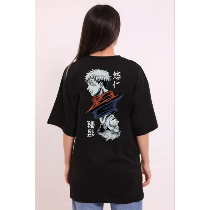Biçomi Unisex Bisiklet Yaka Baskılı Oversize T-Shirt - Siyah