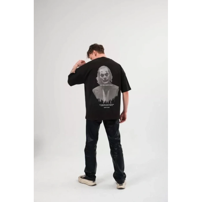 Biçomi Unisex Bisiklet Yaka Baskılı Oversize T-Shirt - Siyah