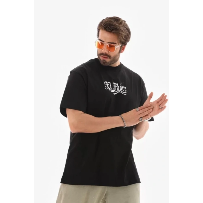 Biçomi Unisex Bisiklet Yaka Baskılı Oversize T-Shirt - Siyah