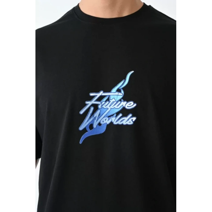 Biçomi Unisex Bisiklet Yaka Baskılı Oversize T-Shirt - Siyah