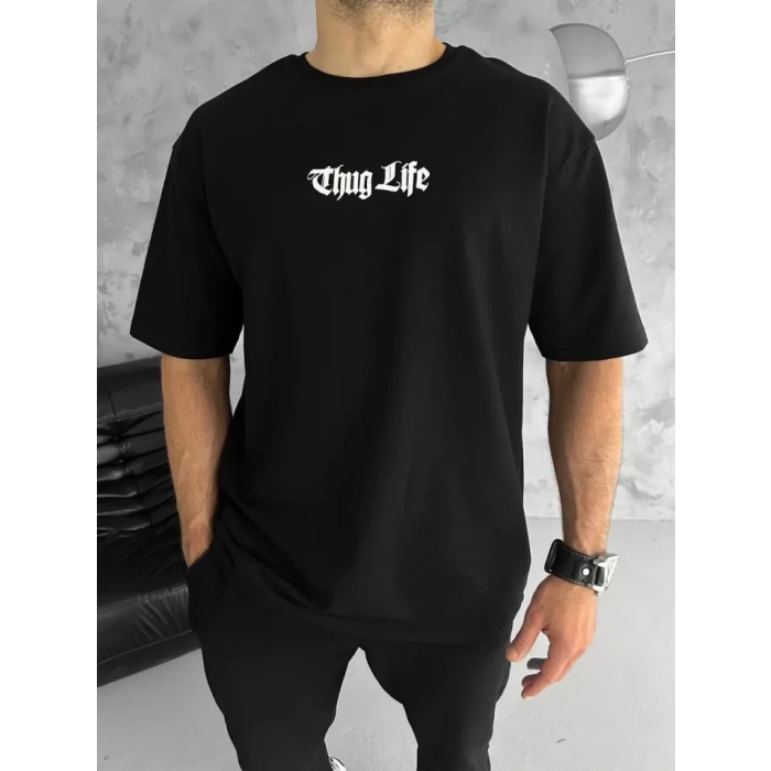 Biçomi Unisex Bisiklet Yaka Baskılı Oversize T-Shirt - Siyah