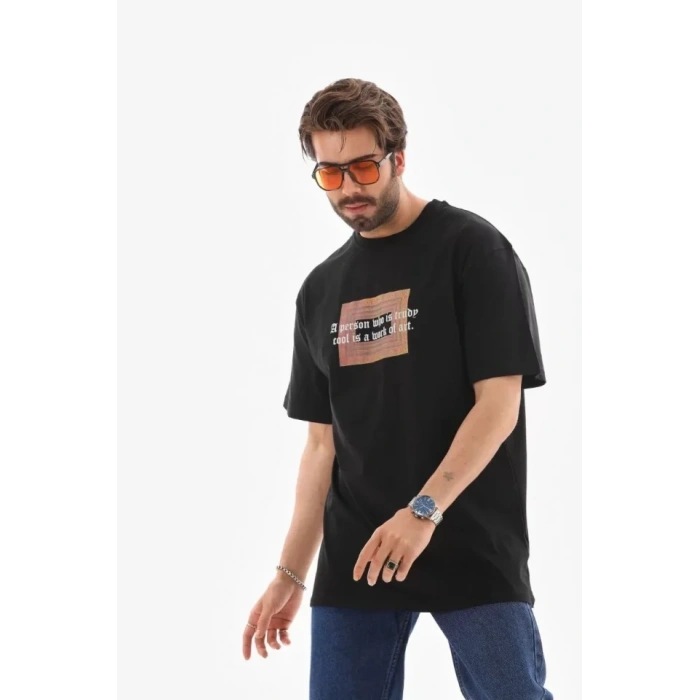 Biçomi Unisex Bisiklet Yaka Baskılı Oversize T-Shirt - Siyah