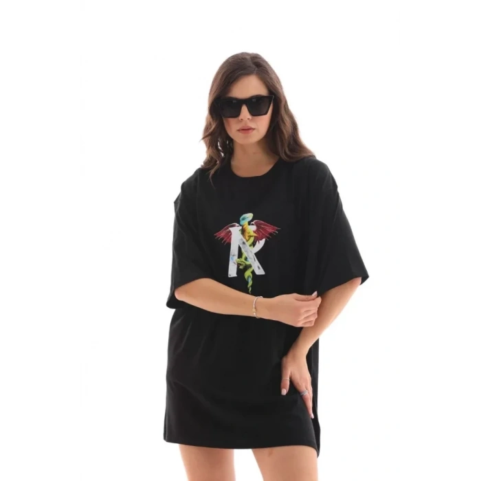 Biçomi Unisex Bisiklet Yaka Baskılı Oversize T-Shirt - Siyah