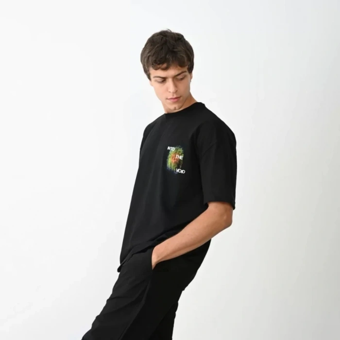 Biçomi Unisex Bisiklet Yaka Baskılı Oversize T-Shirt - Siyah