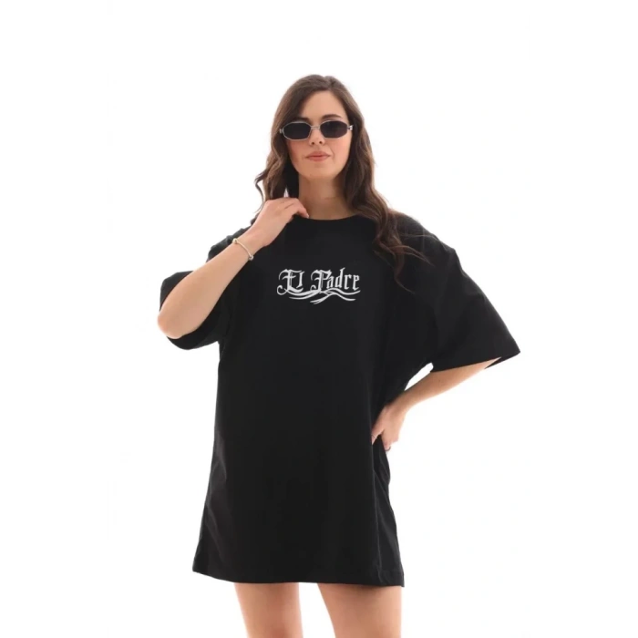 Biçomi Unisex Bisiklet Yaka Baskılı Oversize T-Shirt - Siyah