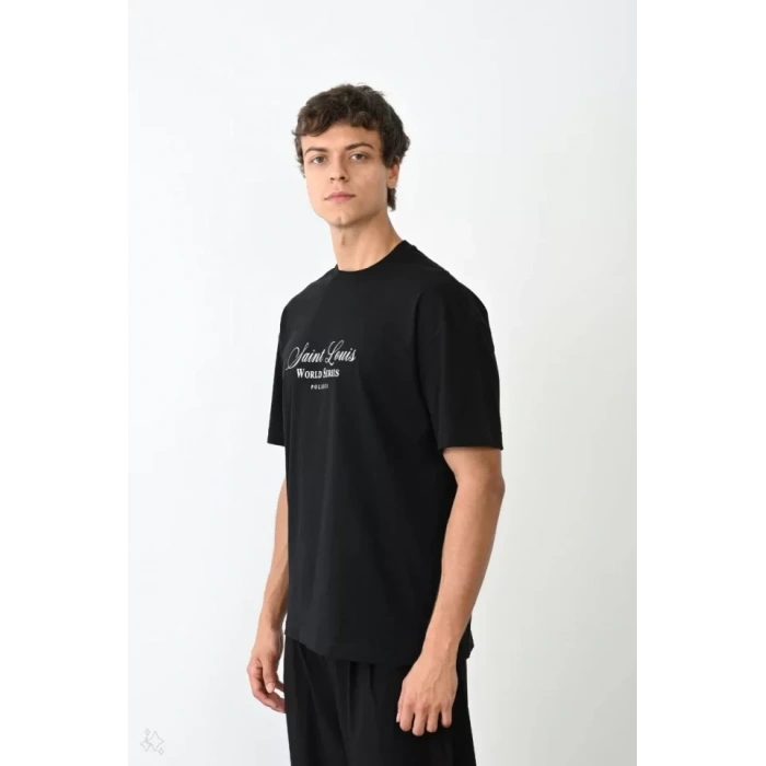Biçomi Unisex Bisiklet Yaka Baskılı Oversize T-Shirt - Siyah