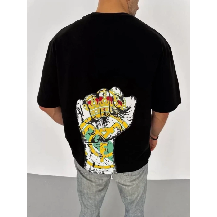 Biçomi Unisex Bisiklet Yaka Baskılı Oversize T-Shirt - Siyah