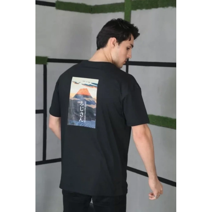 Biçomi Unisex Bisiklet Yaka Baskılı Oversize T-Shirt - Siyah