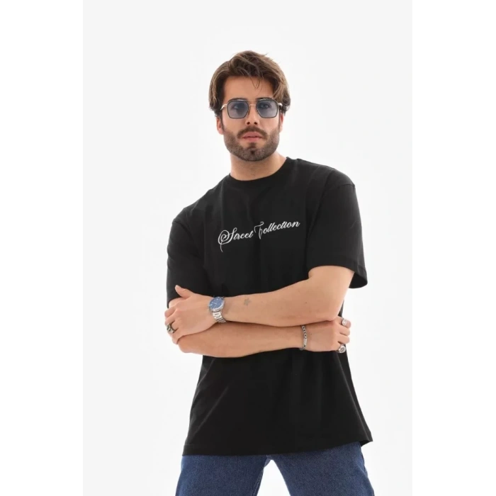 Biçomi Unisex Bisiklet Yaka Baskılı Oversize T-Shirt - Siyah
