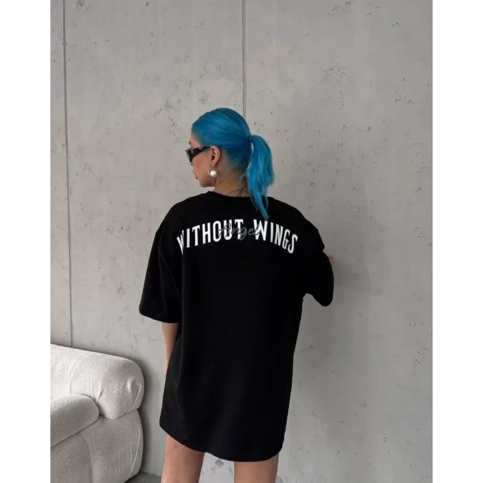 Biçomi Unisex Bisiklet Yaka Baskılı Oversize T-Shirt - Siyah