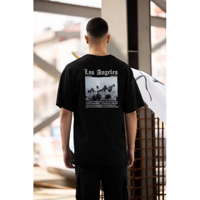 Biçomi Unisex Bisiklet Yaka Baskılı Oversize T-Shirt - Siyah