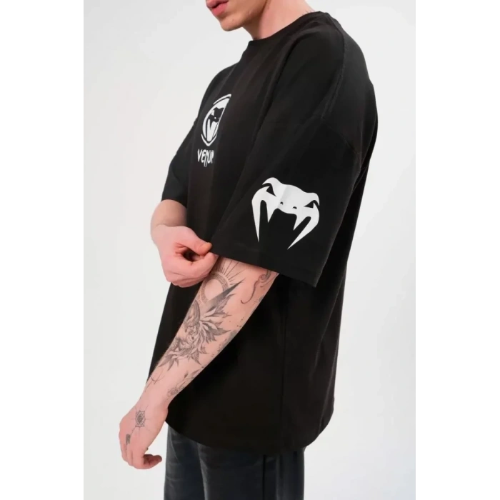 Biçomi Unisex Bisiklet Yaka Baskılı Oversize T-Shirt - Siyah