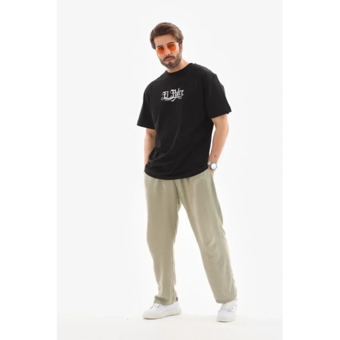 Biçomi Unisex Bisiklet Yaka Baskılı Oversize T-Shirt - Siyah