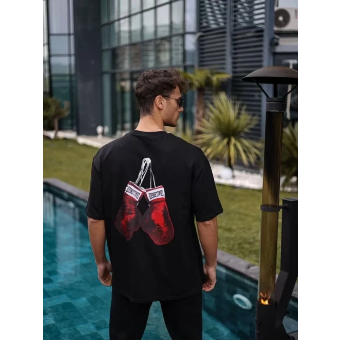 Biçomi Unisex Bisiklet Yaka Baskılı Oversize T-Shirt - Siyah