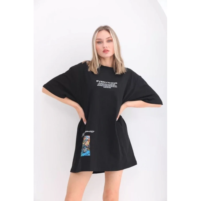 Biçomi Unisex Bisiklet Yaka Baskılı Oversize T-Shirt - Siyah