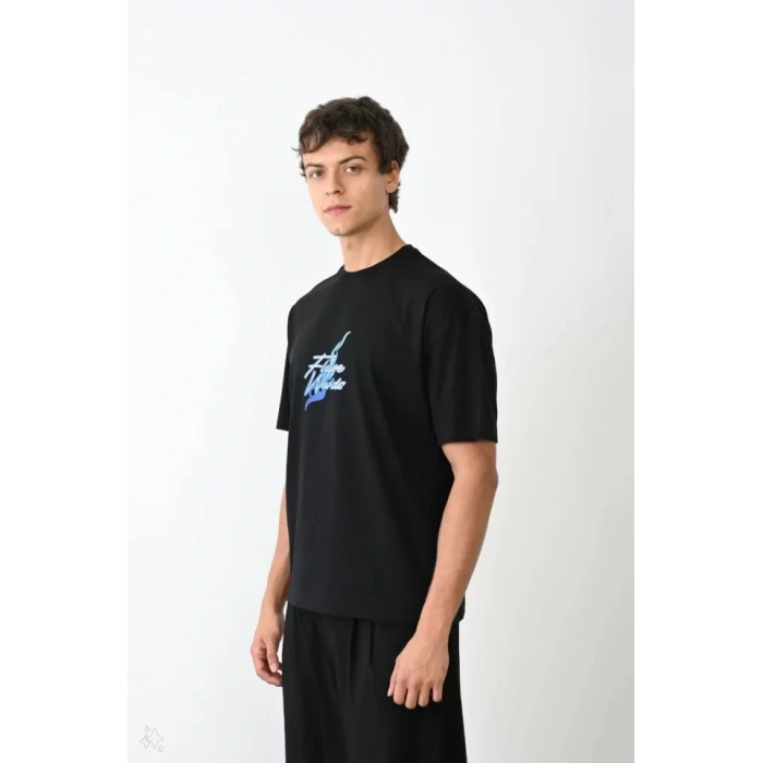 Biçomi Unisex Bisiklet Yaka Baskılı Oversize T-Shirt - Siyah