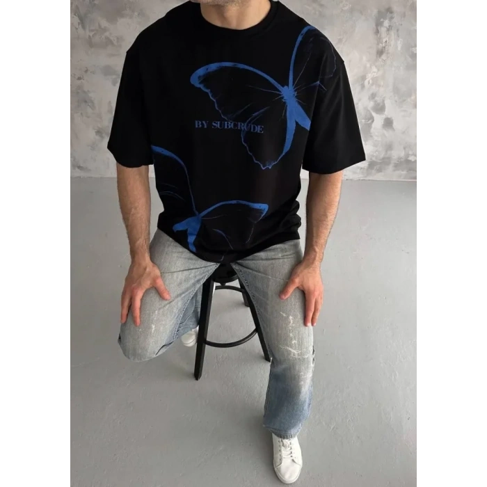 Biçomi Unisex Bisiklet Yaka Baskılı Oversize T-Shirt - Siyah