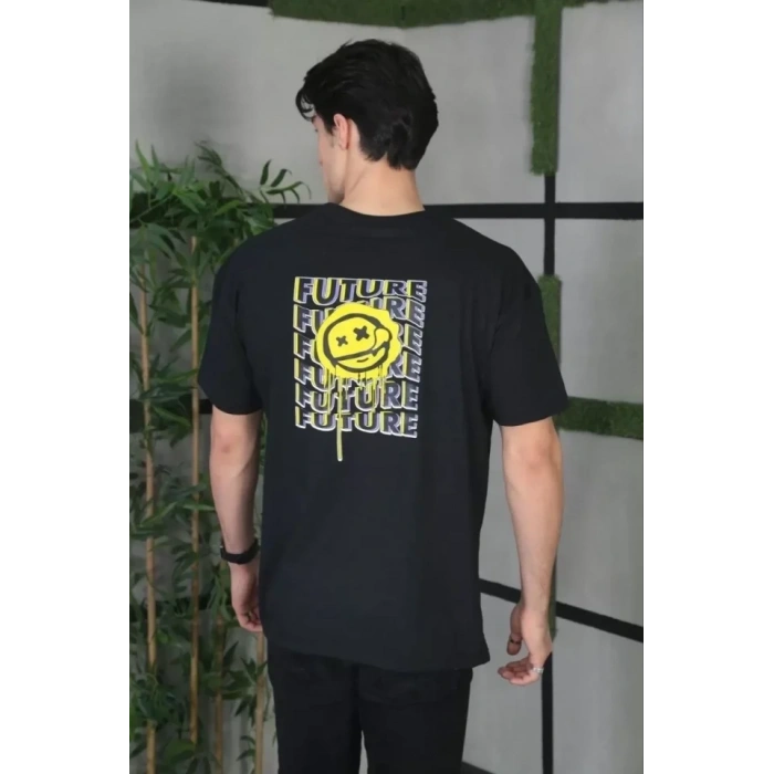 Biçomi Unisex Bisiklet Yaka Baskılı Oversize T-Shirt - Siyah