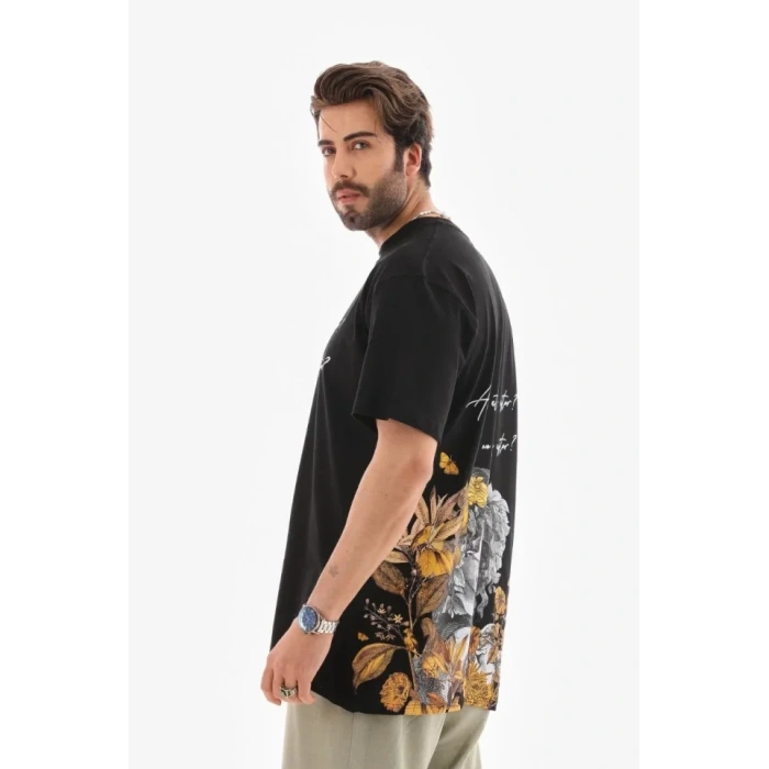 Biçomi Unisex Bisiklet Yaka Baskılı Oversize T-Shirt - Siyah