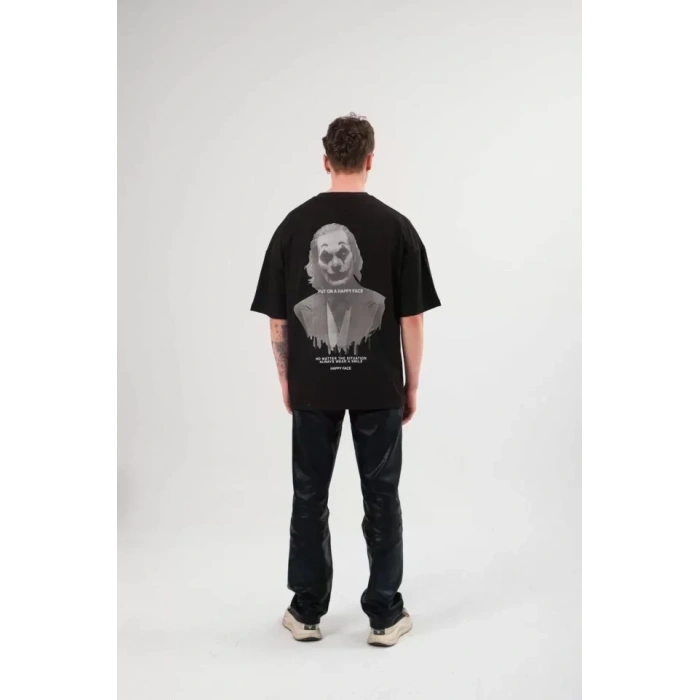Biçomi Unisex Bisiklet Yaka Baskılı Oversize T-Shirt - Siyah
