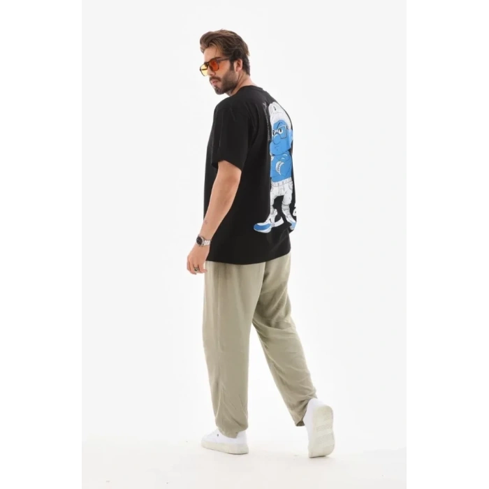 Biçomi Unisex Bisiklet Yaka Baskılı Oversize T-Shirt - Siyah