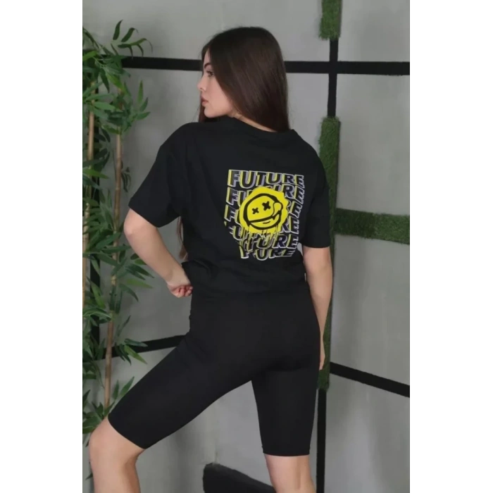 Biçomi Unisex Bisiklet Yaka Baskılı Oversize T-Shirt - Siyah