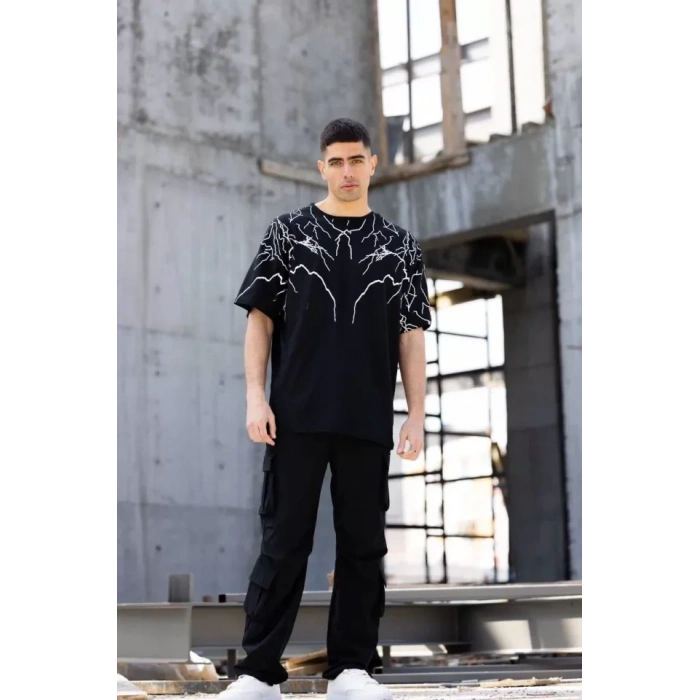 Biçomi Unisex Bisiklet Yaka Baskılı Oversize T-Shirt - Siyah