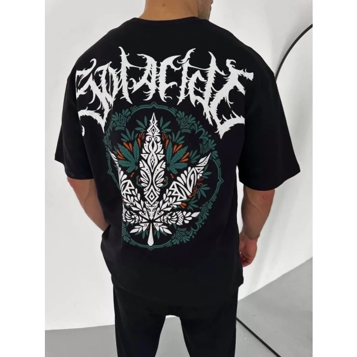 Biçomi Unisex Bisiklet Yaka Baskılı Oversize T-Shirt - Siyah