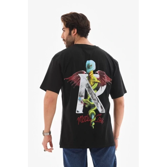 Biçomi Unisex Bisiklet Yaka Baskılı Oversize T-Shirt - Siyah
