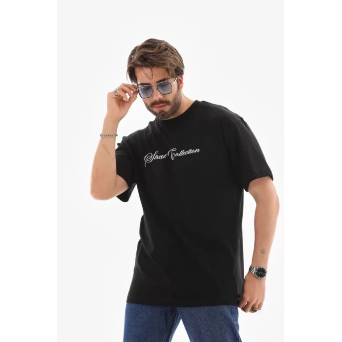 Biçomi Unisex Bisiklet Yaka Baskılı Oversize T-Shirt - Siyah
