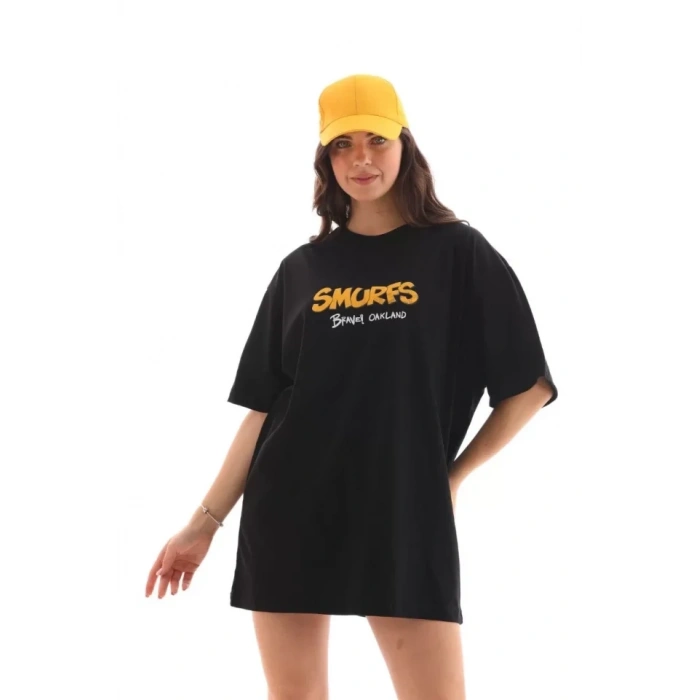 Biçomi Unisex Bisiklet Yaka Baskılı Oversize T-Shirt - Siyah
