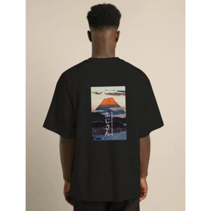 Biçomi Unisex Bisiklet Yaka Baskılı Oversize T-Shirt - Siyah