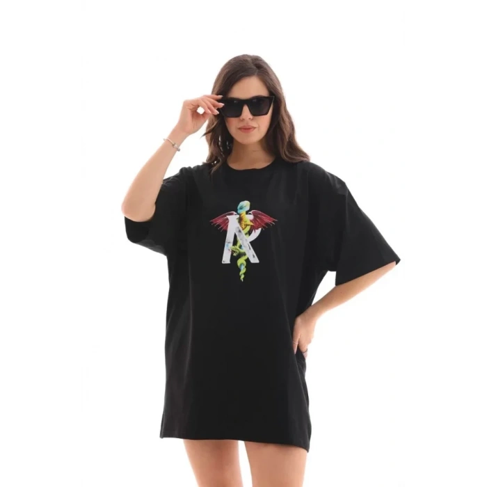 Biçomi Unisex Bisiklet Yaka Baskılı Oversize T-Shirt - Siyah