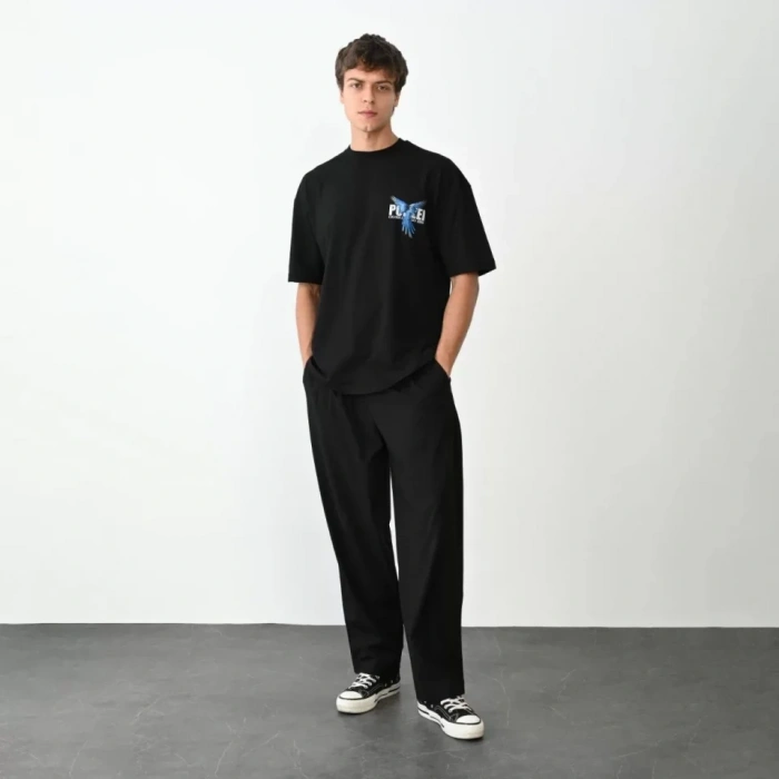 Biçomi Unisex Bisiklet Yaka Baskılı Oversize T-Shirt - Siyah
