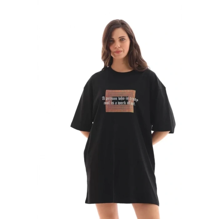 Biçomi Unisex Bisiklet Yaka Baskılı Oversize T-Shirt - Siyah