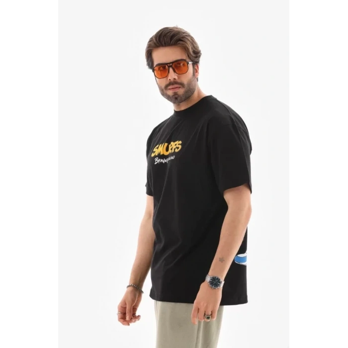 Biçomi Unisex Bisiklet Yaka Baskılı Oversize T-Shirt - Siyah