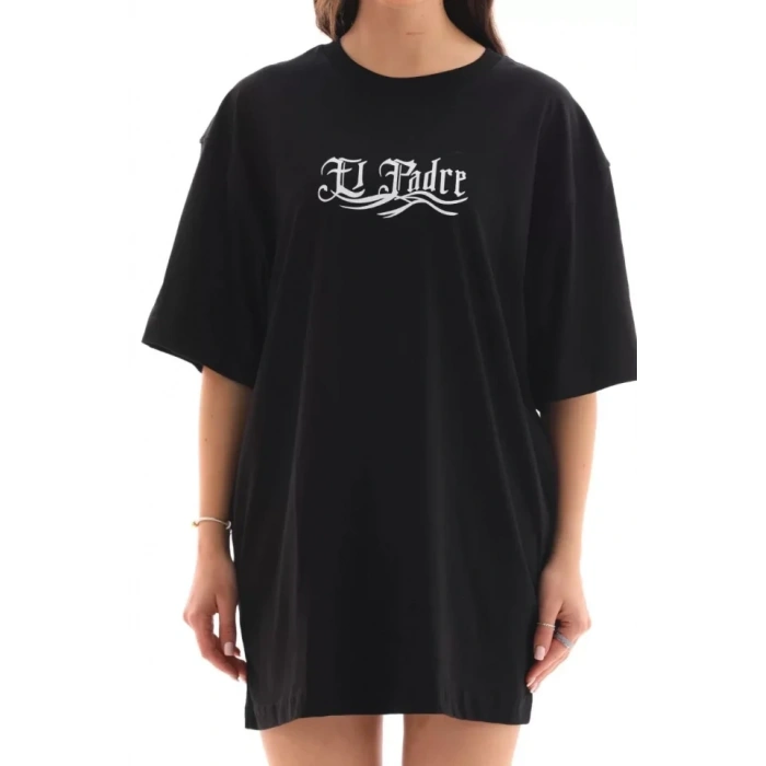 Biçomi Unisex Bisiklet Yaka Baskılı Oversize T-Shirt - Siyah