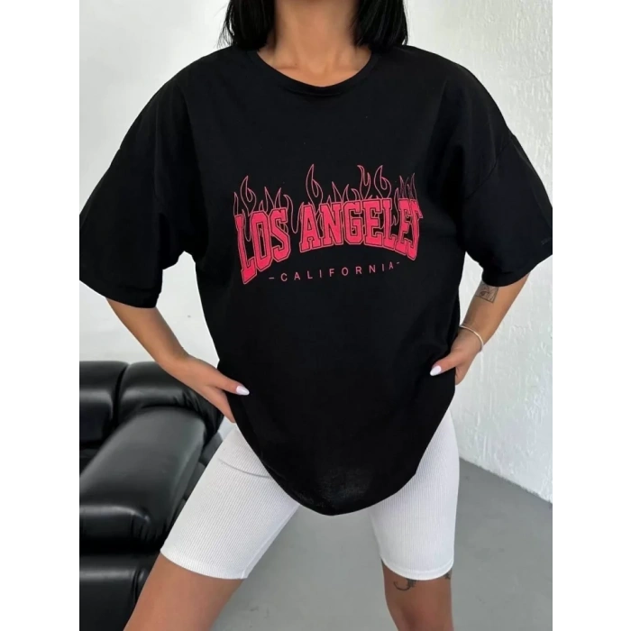 Biçomi Unisex Bisiklet Yaka Baskılı Oversize T-Shirt - Siyah