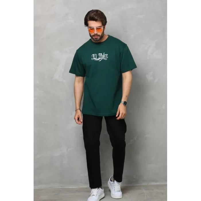 Biçomi Unisex Bisiklet Yaka Baskılı Oversize T-Shirt - Yeşil