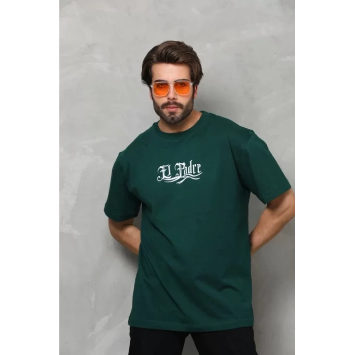 Biçomi Unisex Bisiklet Yaka Baskılı Oversize T-Shirt - Yeşil
