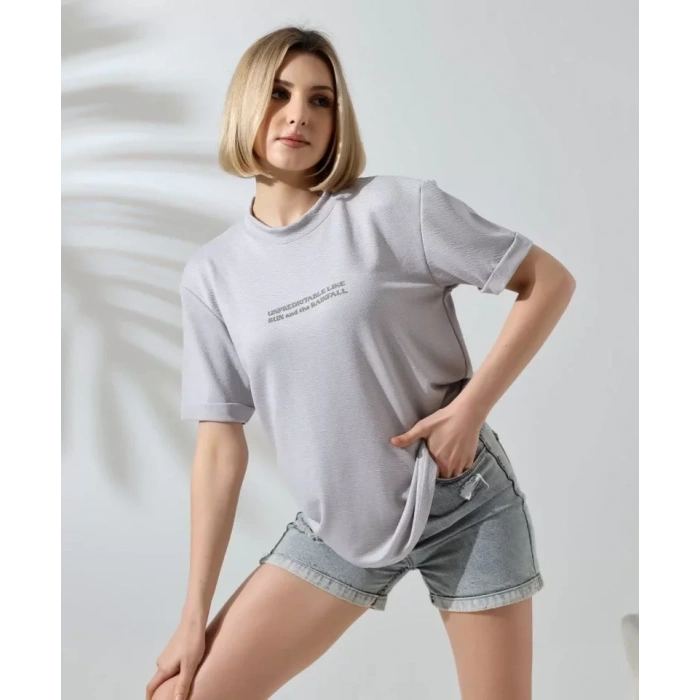 Biçomi Unisex Bisiklet Yaka Baskılı Slim Fit T-Shirt - Boyalı Gri