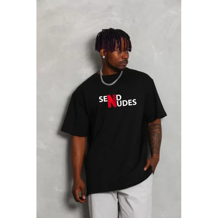 Biçomi Unisex Bisiklet Yaka Double Oversize Baskılı T-Shirt - Siyah
