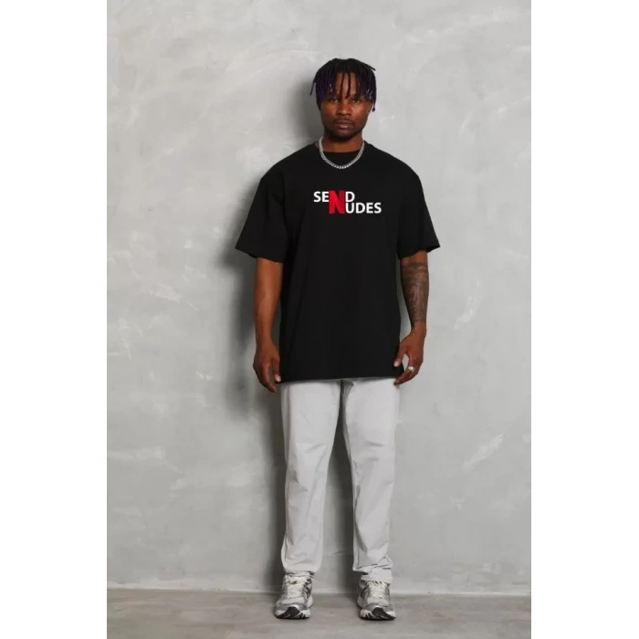 Biçomi Unisex Bisiklet Yaka Double Oversize Baskılı T-Shirt - Siyah