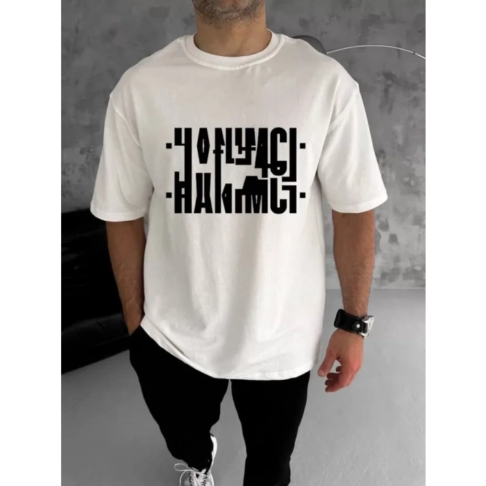 Biçomi Unisex Bisiklet Yaka Katlanan Baskılı T-Shirt - Beyaz